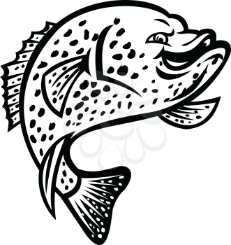 Black and white mascot illustration of a crappie, papermouth, strawberry bass, speckled bass, specks, speckled perch, crappie bass, calico bass jumping up on isolated background in retro style.