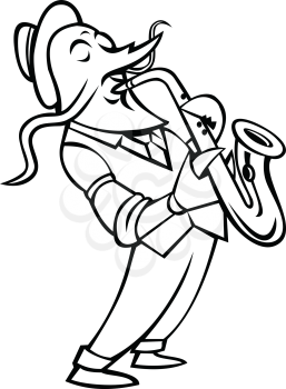 Black and white mascot illustration of a crayfish,crawfish, crawdads, freshwater lobsters, mountain lobsters, mudbugs or yabbies playing the saxophone side view isolated background in retro style.