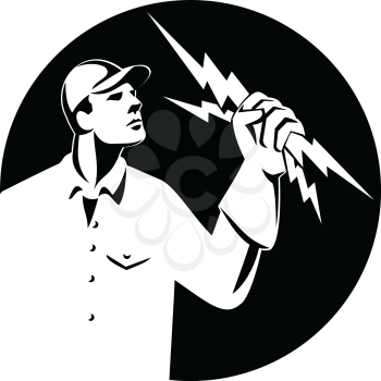 Illustration of an electrician construction worker lineman looking up holding a lightning bolt throwing viewed from the side set inside shield crest done in retro style on isolated background.