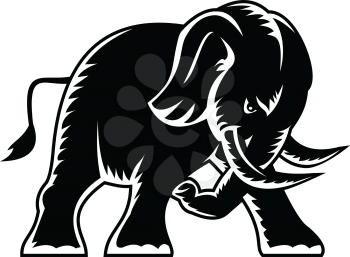Woodcut style cartoon character mascot style illustration of an angry elephant charging and attacking viewed from side on isolated background in black and white.
