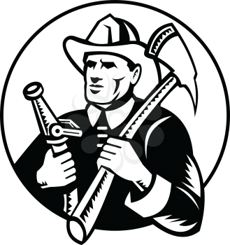 Retro woodcut style illustration of a fireman or firefighter holding a fire axe and fire hose set inside circle on isolated background done in black and white.