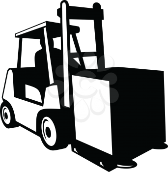 Black and white retro style illustration of forklift truck, powered industrial truck, in operation viewed from front on isolated background.
