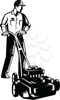 Black and white illustration of male gardener mowing with lawnmower facing front on isolated white background done in retro woodcut style.