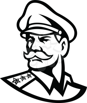 Black and white mascot illustration of head of an American three-star general wearing a peaked cap looking forward viewed from side on isolated background in retro style.