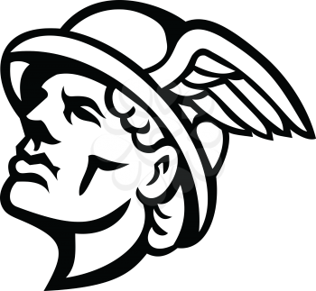 Black and White mascot illustration of head of Hermes, Greek god in religion and mythology with winged cap looking up viewed from side on isolated background in retro style.