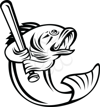 Illustration of a largemouth bass, species of black bass and a carnivorous freshwater gamefish, as baseball player batting with bat on isolated background done in retro black and white style.