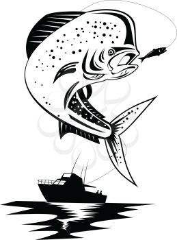 Retro style illustration of a mahi-mahi, dorado or common dolphinfish Coryphaena hippurus, a surface-dwelling ray-finned fish, jumping with fishing boat done in black and white on isolated background.