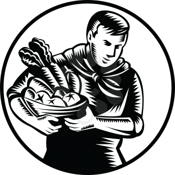 Black and white illustration of an organic farmer with a basket full of farm produce like fruits and vegetables done in retro woodcut style.
