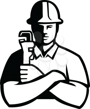 Black and white illustration of a pipefitter, a tradesperson who install, fabricate, maintain and repair mechanical piping systems, holdimg a pipe wrench  viewed from front in retro style.