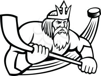 Black and white mascot illustration of Poseidon or Neptune, god of the Sea in Greek and Roman mythology holding an ice hockey stick with puck viewed from front on isolated background in retro style.