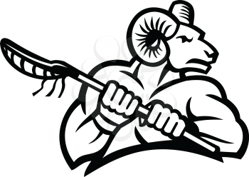 Black and white illustration of a bighorn ram, mountain goat or sheep holding a lacrosse stick viewed from side on isolated background in retro style.