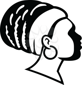 Retro style illustration of a Rastafarian, Rasta empress, significant other or Rastafari woman viewed from the side on isolated background in black and white.
