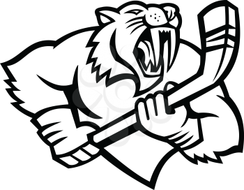 Black and white mascot illustration of bust of a saber-toothed cat or Smilodon, with ice hockey stick viewed from front on isolated background in retro style.