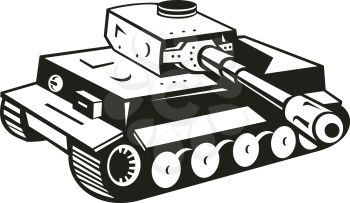 Black and white retro style illustration of a world war two German panzer tank aiming it's cannon to side  on isolated background.