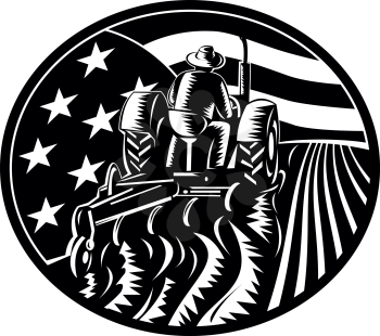 Retro illustration of an American organic farmer worker driving a vintage tractor plowing farm field with USA stars and stripes flag inside oval done in woodcut monochrome style.