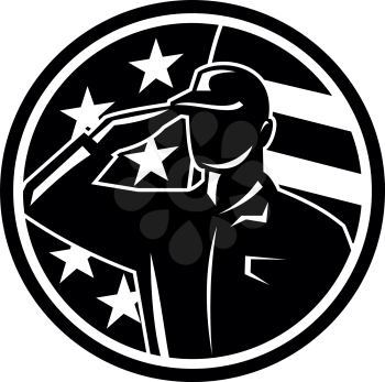 Black and White Illustration of an american soldier serviceman silhouette saluting set inside circle with usa flag stars and stripes in the background done in retro style. 