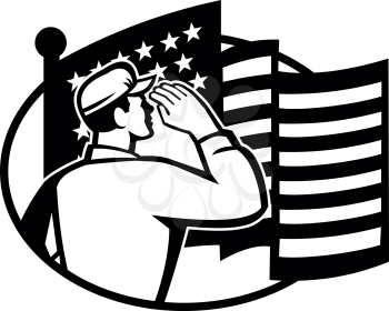 Black and White Illustration of an American soldier serviceman saluting USA stars and stripes flag viewed from rear on Memorial Day or Veteran's Day set inside oval done in retro style.