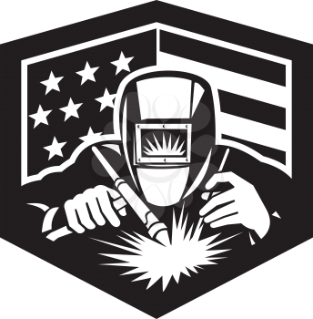 Illustration of welder arc welding viewed from front set inside shield with usa American stars and stripes flag in the background done in retro style. 