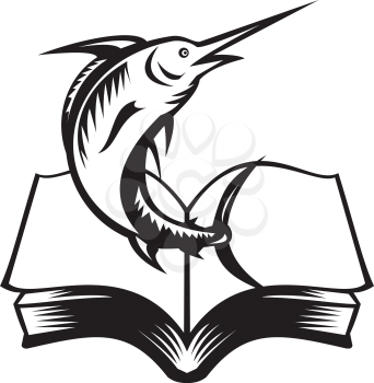 Black and white illustration of a blue marlin fish jumping over book textbook set inside crest shield done in retro Woodcut style.