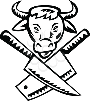 Retro Black and White woodcut style illustration of a crossed butcher meat cleaver knife with cow head facing front on isolated background.