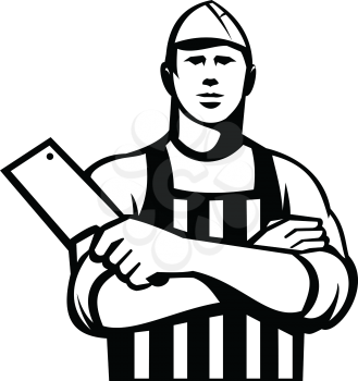Retro black and white style illustration of a butcher cutter meat worker with meat cleaver knife and arms crossed facing front set on isolated background.