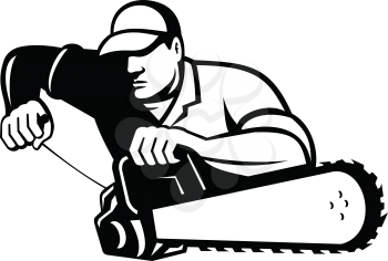 Black and White Illustration of a lumberjack, arborist, tree surgeon holding a chainsaw starting motor on isolated white background.