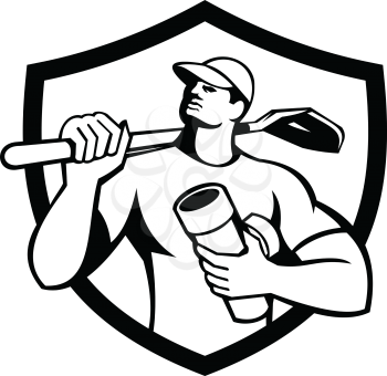 Illustration of a drainlayer builder construction worker wearing hat holding pipe and carrying shovel on shoulder looking up to the side set inside shield crest on isolated background done in retro Black and White style. 