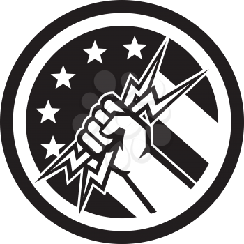 Black and White icon Illustration of an American electrician, power lineman or handyman hand holding a bunch of lighting bolt set in circle with USA stars and stripes flag in background done in retro style. 