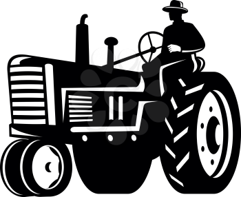 Illustration of a Silhouette an organic farmer worker driving a vintage tractor on isolated background done in retro Black and White style.