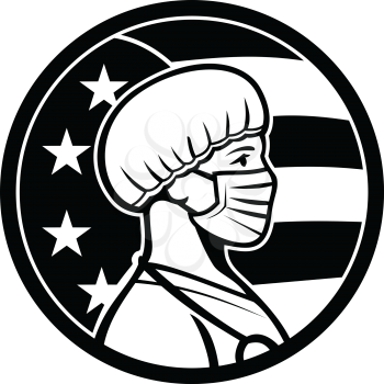 Black and white illustration of an American female nurse, medical professional, doctor, healthcare worker wearing a surgical mask and bouffant cap side with USA stars and stripes flag in retro style.