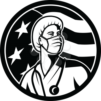 Mascot illustration of an American female nurse, healthcare professional or medical doctor, wearing  surgical mask looking up with USA stars and stripes flag done in Black and White retro style.