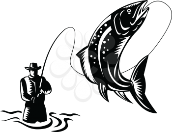 Retro woodcut style illustration of a Fly Fisherman Catching reeling a Spotted Trout Fish Jumping on isolated background done in black and white.