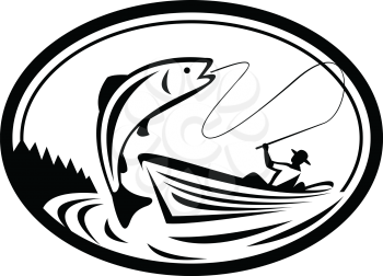 Black and White Illustration of a fly fisherman fishing on boat reeling a trout salmon fish set inside oval shape done in retro style.