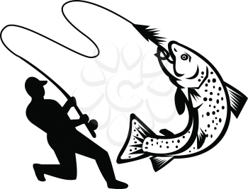 Illustration of a fly fisherman fishing casting rod and reel hooking brook trout viewed from the side on isolated white background done in retro Black and White style.
