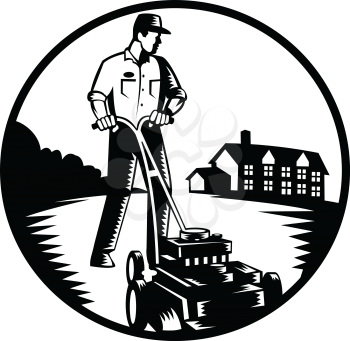 Illustration of a gardener with lawn mower mowing with residential house in background set inside circle done in retro woodcut Black and White style.