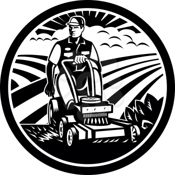 Illustration of a Landscaper gardener riding on a vintage ride-on lawn mower set inside circle with field farm clouds sunburst in the background done in retro Black and White style. 