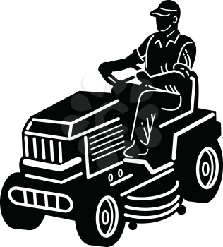 Illustration of American male gardener mowing riding on ride-on lawn mower on isolated white background done in retro woodcut Black and White style.