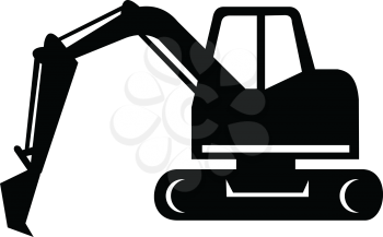 Icon retro style illustration of a mechanical digger or excavator digging excavating viewed from side on isolated background in black and white.