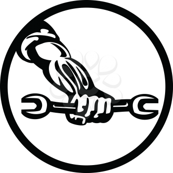 Black and White Illustration of a mechanic hand holding out spanner wrench set inside circle on isolated background done in retro style.