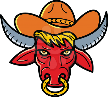 Mono line illustration of a red texas longhorn bull wearing a cowboy hat and nose ring viewed from front on isolated background done in monoline style.