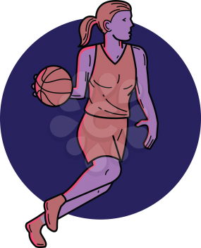 Mono line illustration of woman or female basketball player dribbling ball looking to pass viewed from side set inside circle  done in monoline style.