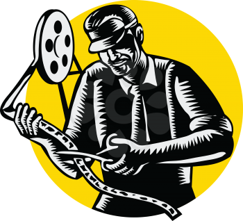 Retro woodcut style illustration of a film editor, filmmaker, movie director or moviemaker cutting and editing a film reel set inside circle on isolated background.