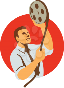 Retro style illustration of a film editor holding a film canister looking at film reel and editing raw footage in post-production set inside circle on isolated background.