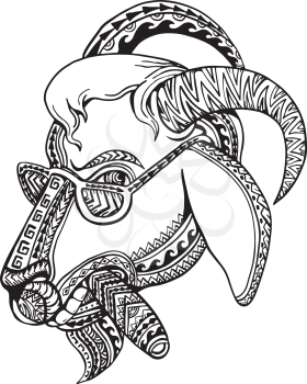 Tribal tattoo style illustration of head of a goat smoking cigar and wearing sunglasses with bighorn done inblack and white.