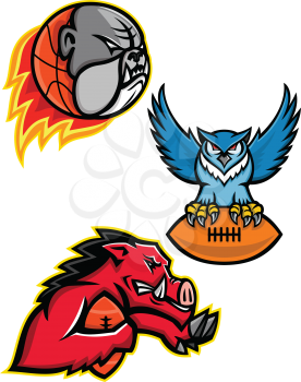 Mascot icon illustration set of American football or gridiron and basketball sports mascot like the bulldog, great horned owl clutching ball and razorback or wild boar running with ball on isolated background in retro style.