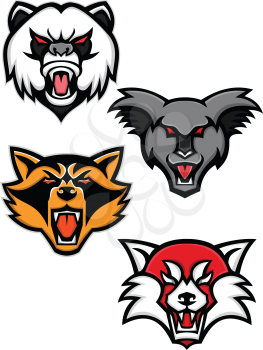 Mascot icon illustration set of heads of angry giant panda or panda bear, koala, racoon or raccoon and the red panda or red bear-cat  viewed from front  on isolated background in retro style.