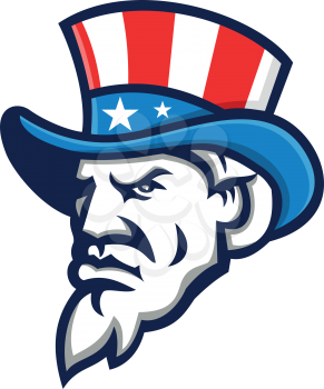 Mascot icon illustration of head of Uncle Sam wearing a top hat with USA  American stars and stripes viewed from side on isolated background in retro style.
