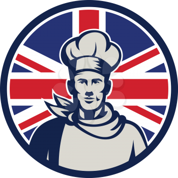 Icon retro style illustration of a male British baker, chef or cook from waist up viewed from front with United Kingdom UK, Great Britain Union Jack flag set inside circle on isolated background.