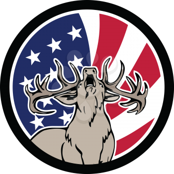 Icon retro style illustration of a North American deer roaring front view with United States of America USA star spangled banner or stars and stripes flag inside circle isolated background.