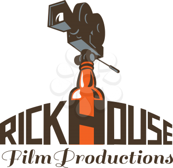 Icon retro style illustration of a vintage 35mm Motion Picture Camera, film or movie camera set on top of whisky bottle with words Rickhouse Film Productions set on isolated background.